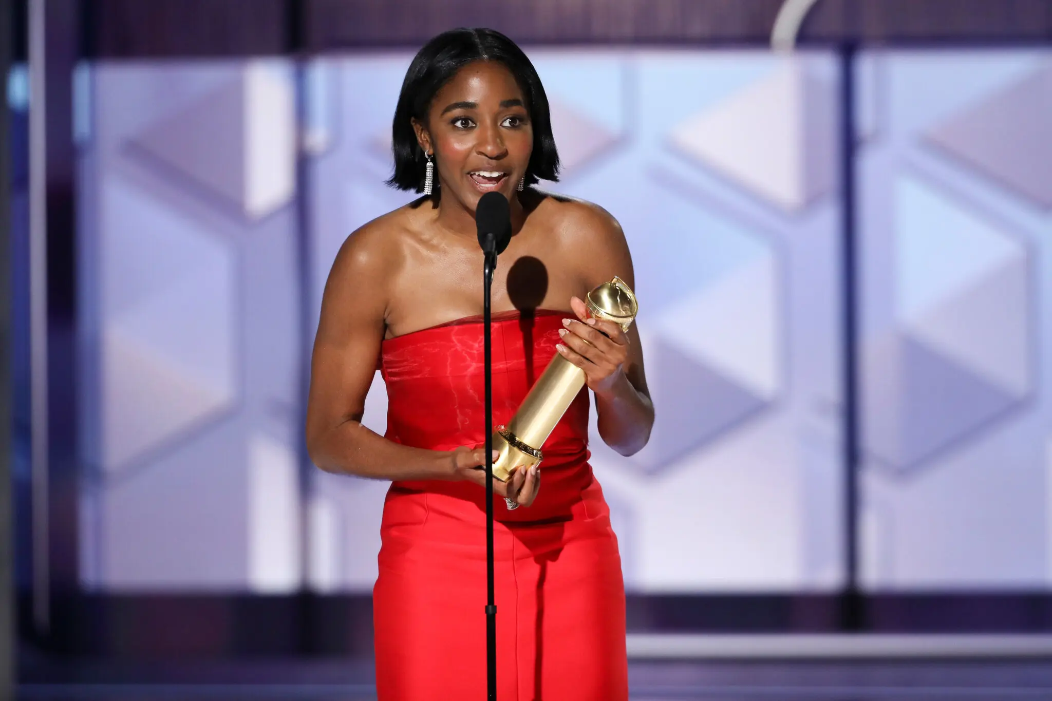 Ayo Edebiri with her Golden Globe for her performance on the TV series “The Bear.”Credit...Sonja Flemming/CBS