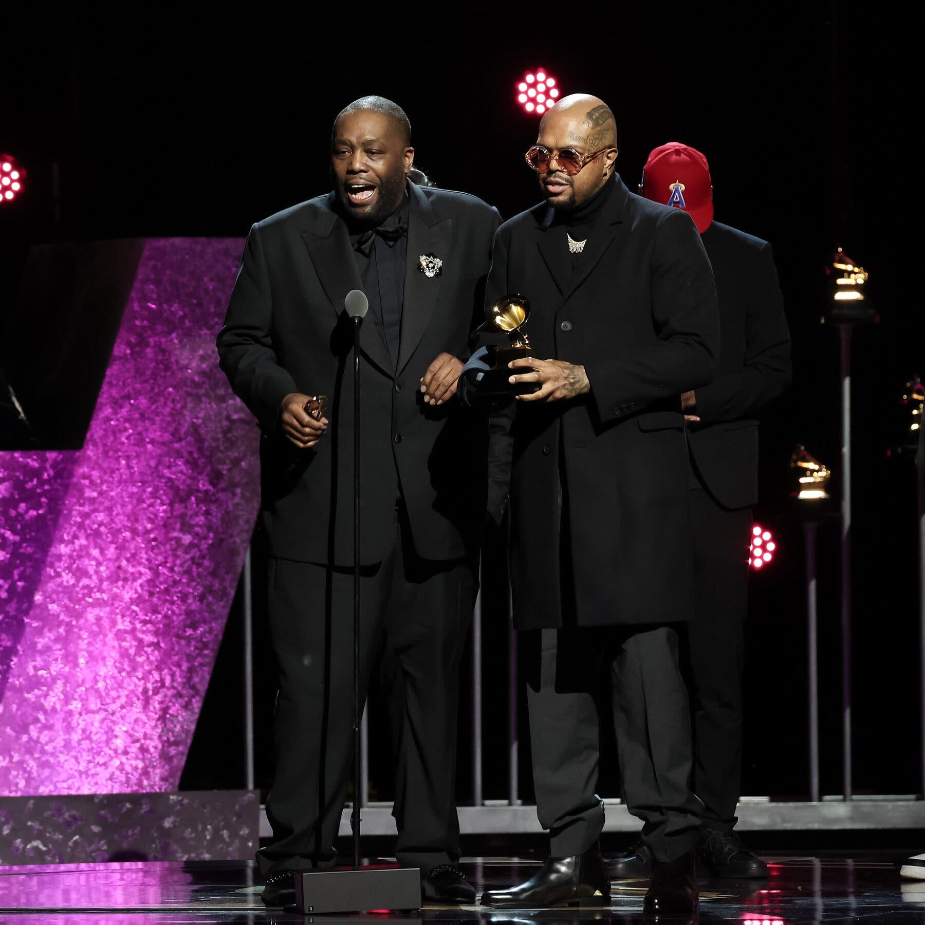 Killer Mike, left, and DJ Paul accepted the trophy for best rap song at the Grammys preshow.Credit...Leon Bennett/Getty Images